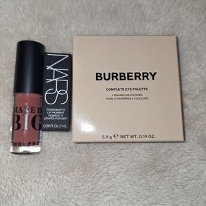 Burberry Eyeshadow Palette, Nars Liquid Lipstick and Morphe Lipgloss